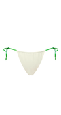 White bikini bottom with green straps on a white background