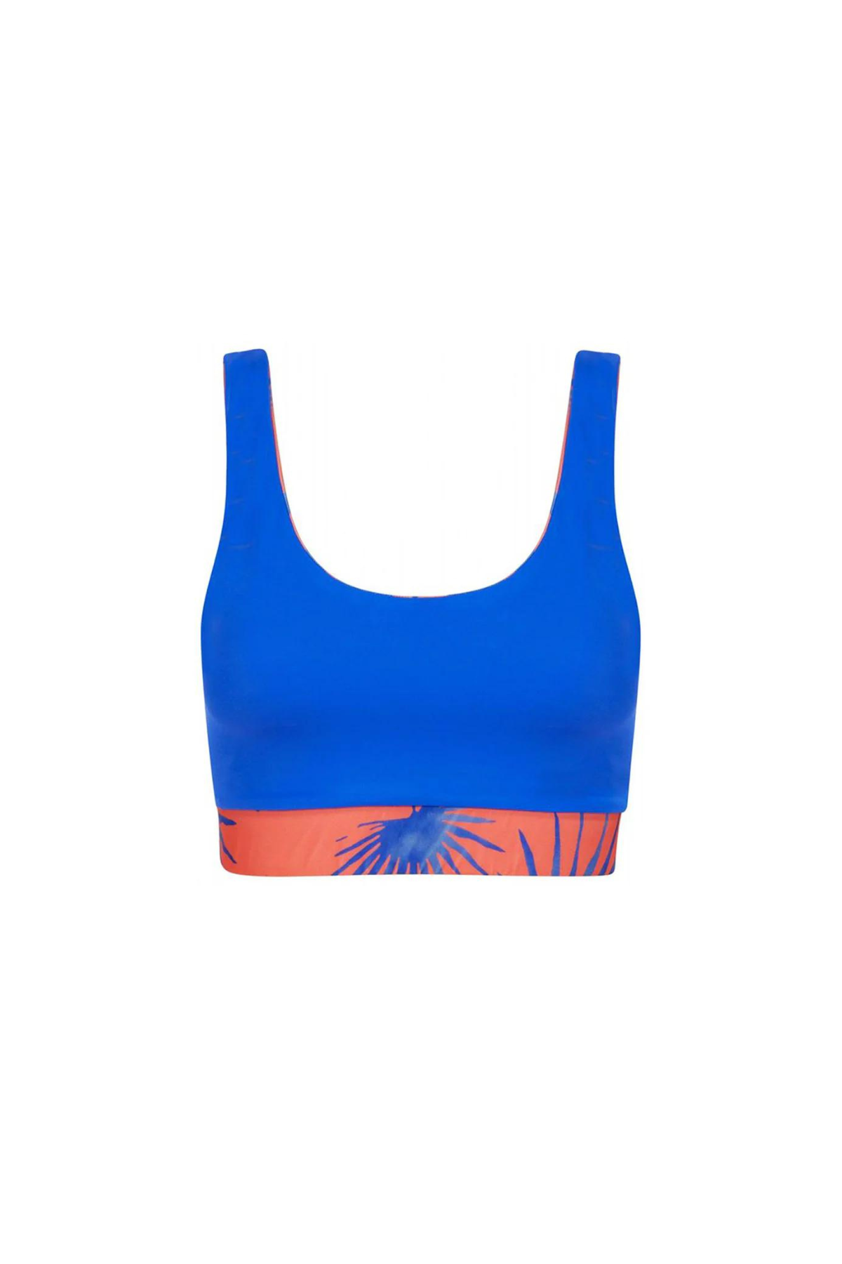 Blue active top with red and purple palm tree design on a white background