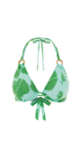 Green and white patterned bikini top on a white background