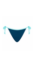 A dark navy blue triangle bikini bottom with light blue side ties and trim, shown against a plain white background.