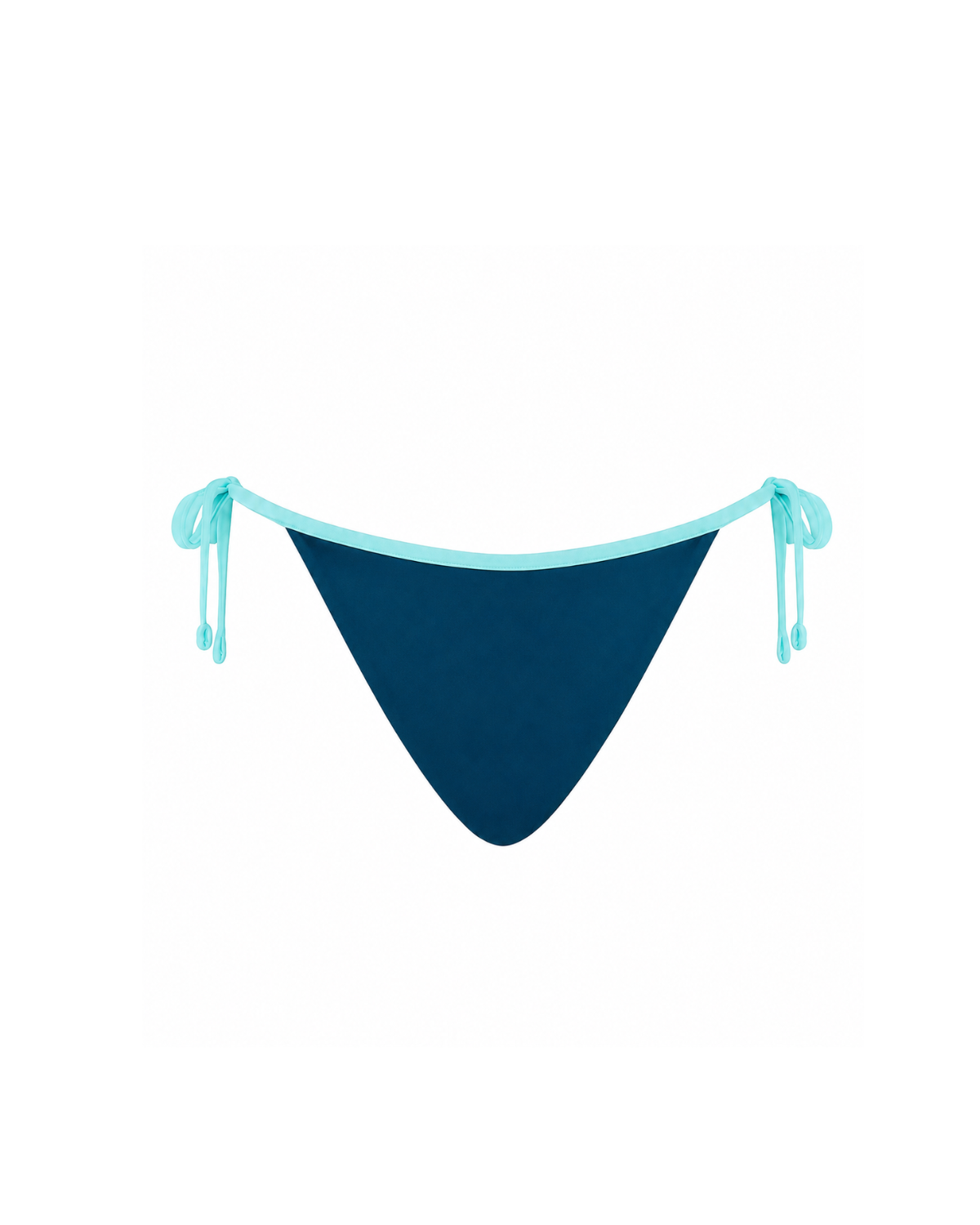 A dark navy blue triangle bikini bottom with light blue side ties and trim, shown against a plain white background.