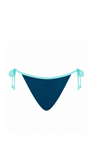 A dark navy blue triangle bikini bottom with light blue side ties and trim, shown against a plain white background.