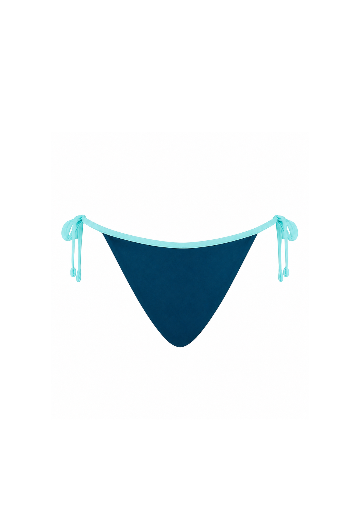 A dark navy blue triangle bikini bottom with light blue side ties and trim, shown against a plain white background.