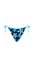A triangle bikini bottom with a dark navy blue background and a light blue hibiscus flower pattern, featuring side ties.