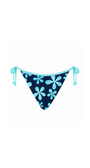 A triangle bikini bottom with a dark navy blue background and a light blue hibiscus flower pattern, featuring side ties.