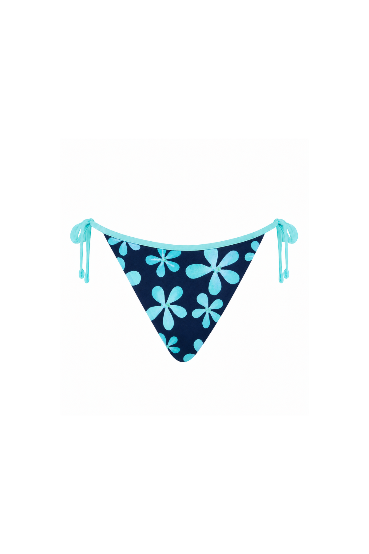 A triangle bikini bottom with a dark navy blue background and a light blue hibiscus flower pattern, featuring side ties.