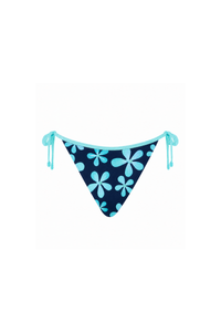 A triangle bikini bottom with a dark navy blue background and a light blue hibiscus flower pattern, featuring side ties.